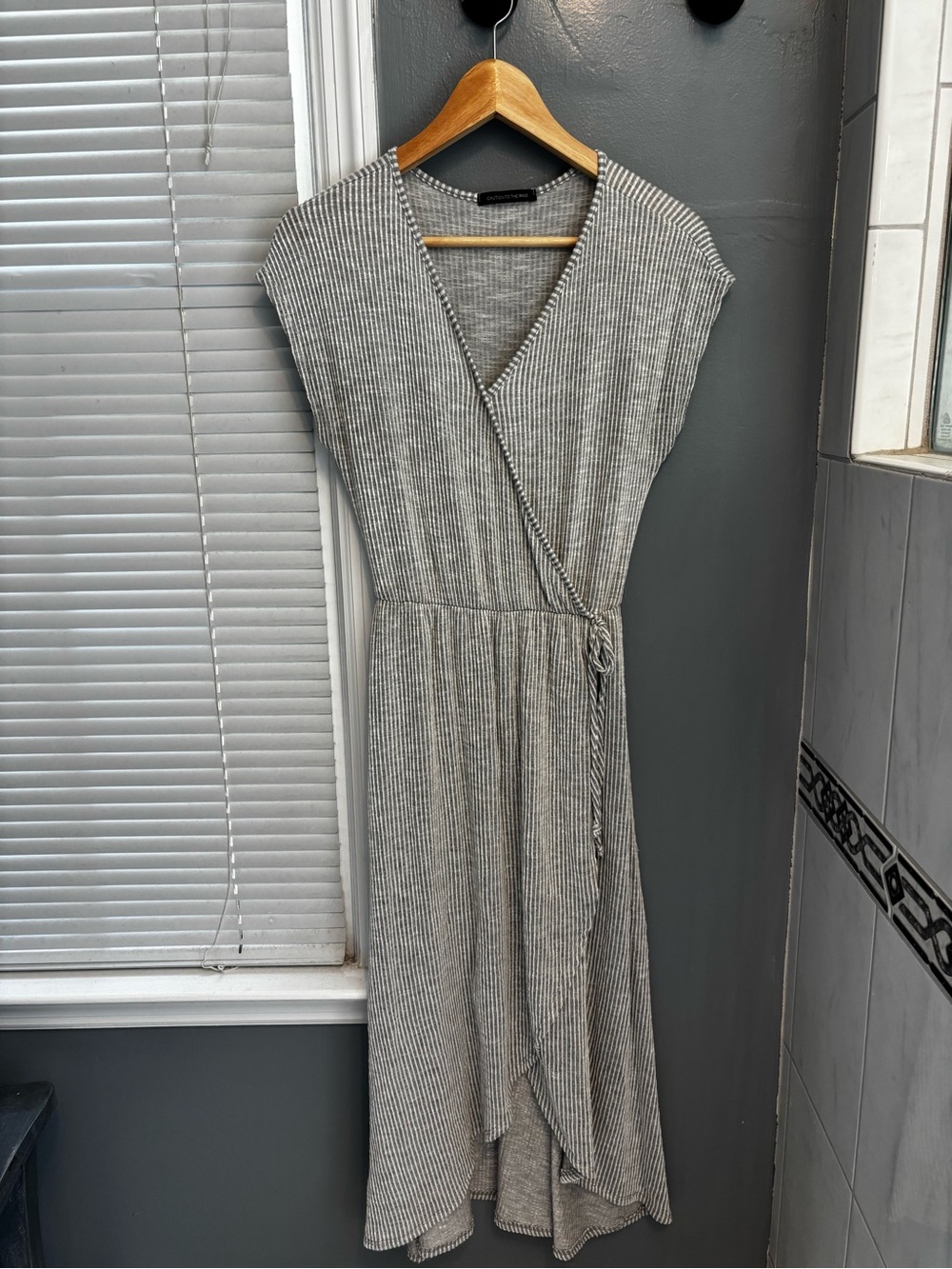 Caution To The Wind Grey & White Striped Wrap Midi Dress